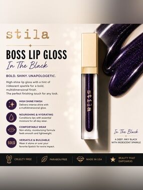 Stila Boss Lip Gloss In The Black - Deep Black with Purple Sparkle